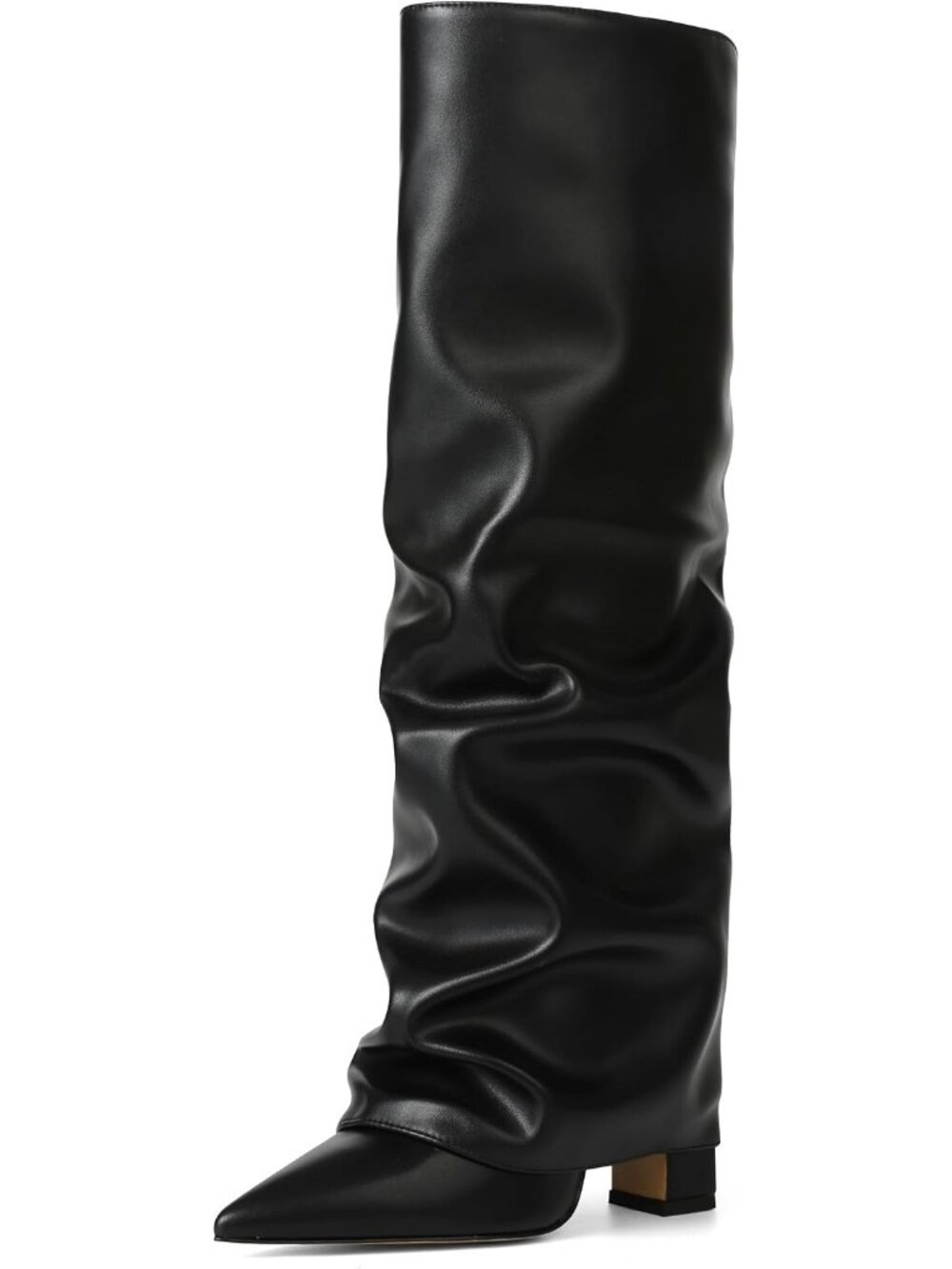 Women's All Black Pointed Toe Fold Over Chunky Shark Slouchy Knee High Boot